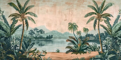 Wallpaper serene tropical landscape painting in pastel tones	
