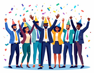 Diverse Business Team Celebrating Success with Confetti and Party Hats in a Bright Office Environment with Joy and Enthusiasm