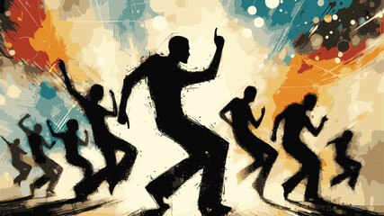 : Dynamic silhouettes of people dancing joyfully amidst colorful abstract lights, symbolizing energy, freedom, and excitement, set against a visually striking artistic backdrop.