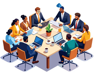 Diverse Business Team Collaborating around Square Table in Light Tone Meeting Room with Laptops and Professional Attire