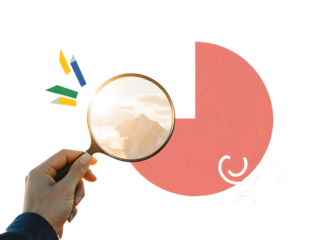 Magnifying Vision: A hand holds a magnifying glass, peering through it at the picturesque mountains in the background, against a backdrop of a pie chart, symbolizing observation and data analysis.