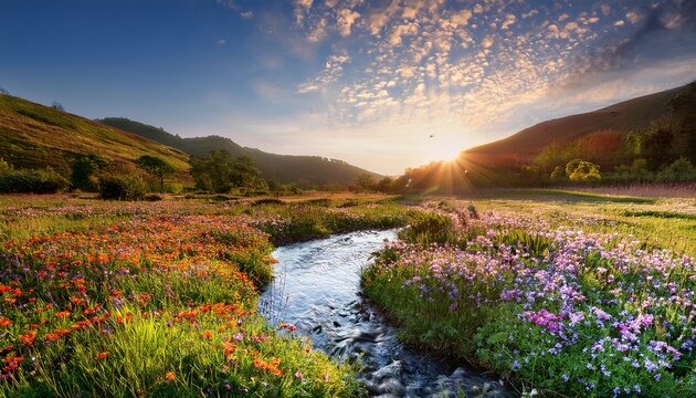 a portrayal of a babbling brook meandering through a verdant meadow enveloped by a kaleidoscope of untamed blossoms emanating an overwhelming aura of tranquility and unspoiled magnificence