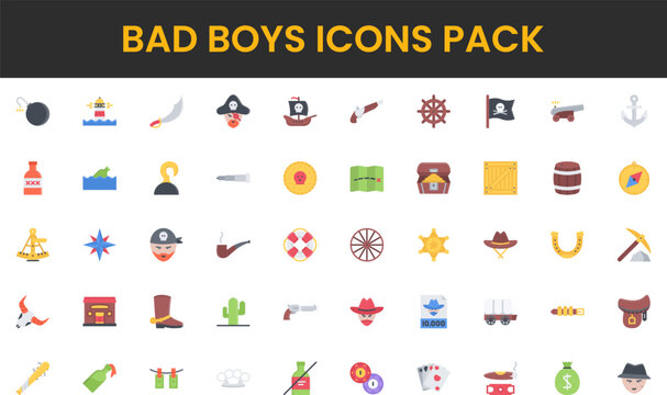 Flat Vector Icon Set Pirate and Cowboy Themed Bad Boys Elements.