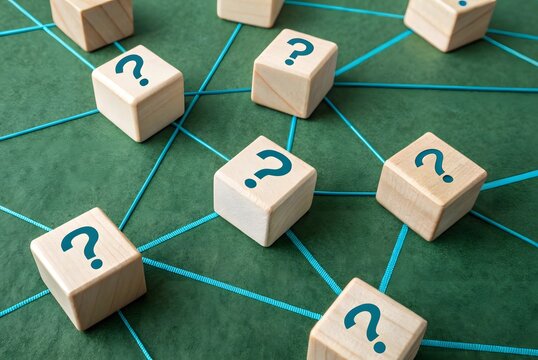 Blocks with questions connected in a network. Lots of unknown facts. Curiosity, exploration. Questions and problem solving. The concept of technologies, extraction of knowledge and hidden information