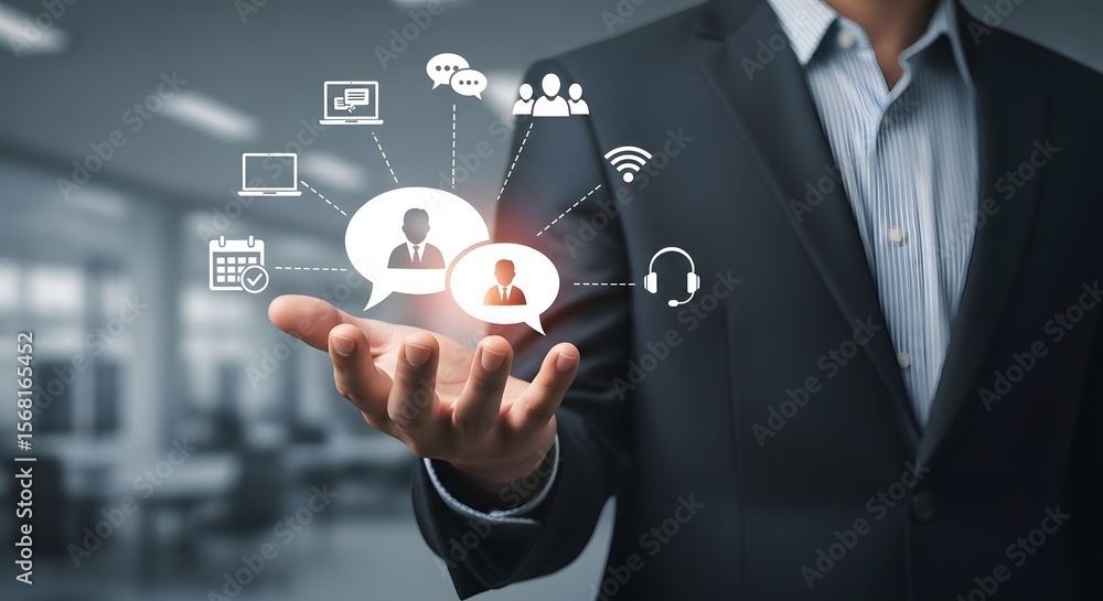 Poster businessman presenting digital communication, showcasing connections in a technological environment,