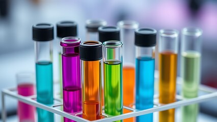 Colorful test tubes arranged in a holder, featuring a soft bokeh background under even studio lighting.