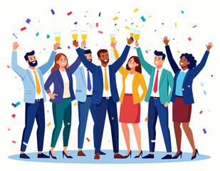 Diverse Cheerful Business Team Celebrating Success with Confetti and Champagne Glasses Raised in a Light Blue and White Background