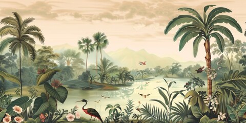 Wallpaper serene tropical landscape painting in pastel tones	
