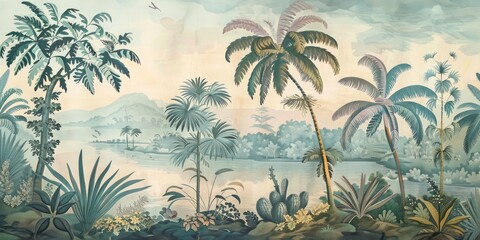 Wallpaper serene tropical landscape painting in pastel tones	
