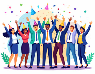 Diverse Group Celebrating with Confetti Wearing Party Hats in Joyful Office Celebration Against a Light Background