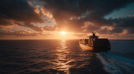 Obraz premium Navigating Sunset: A cargo ship glides gracefully across the ocean's horizon, bathed in the warm embrace of a breathtaking sunset. A poignant reminder of trade and exploration.