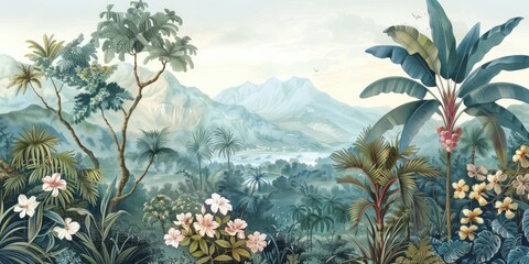 Wallpaper serene tropical landscape painting in pastel tones	
