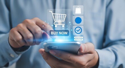 Man is shopping online using his smartphone, clicking the buy now button with a virtual cart, bag and coupon for an intuitive digital experience.