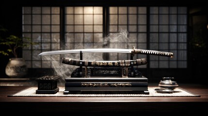Elegant katana on ornate stand, misty scene