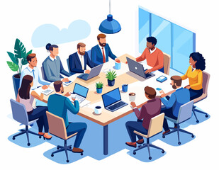 Diverse Group in a Business Meeting Around a Table with Laptops and Coffee in a Bright Modern Office Setting in Isometric View