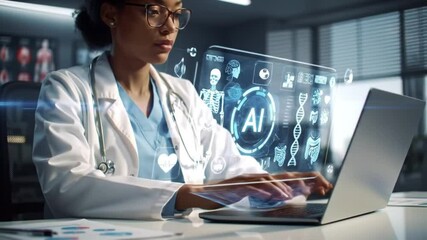 Doctor Using AI on Laptop for Medical Research and Diagnosis in Modern Clinic - Powered by Adobe