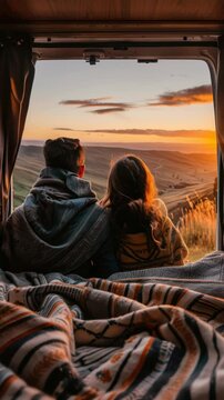 Couple Wrapped in Blankets Watching Sunrise Over Rolling Hills from Camper Van Interior