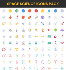 Space Science Icon Set Planets Rockets Aliens and Laboratory Equipment.