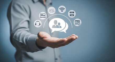 Hand presenting a digital communication network featuring people, laptop, headphones, wifi, livestream, and a calendar in a virtual interface