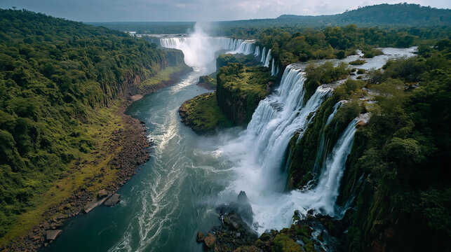 Iguazu Falls Aerial View: A breathtaking aerial view captures the immense power and beauty of Iguazu Falls.