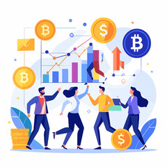 Diverse Team Celebrating Financial Growth With Bitcoin and Dollar Coins on a Colorful Background