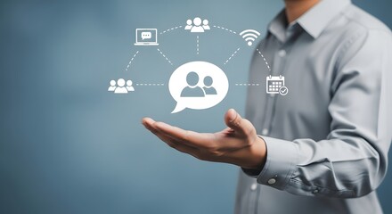 Modern businessman presents a digital transformation concept with virtual communication and collaboration icons on a blue background, symbolizing network connectivity.