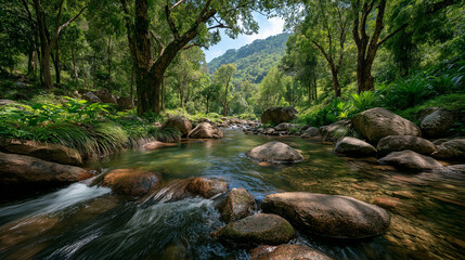 Obraz premium Serene River Flowing Through Lush Forest: A picturesque scene unfolds as a crystal-clear river meanders through a dense, verdant forest, with majestic trees.