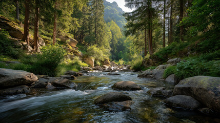Obraz premium Nature's Gentle Embrace: A serene river winds its way through a lush, sun-dappled forest, the water gently flowing over moss-covered rocks and creating a peaceful atmosphere.
