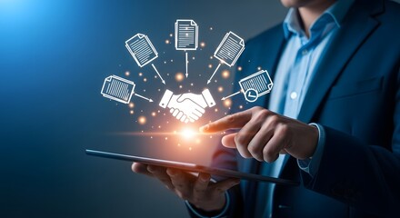 Digital contract agreements are seamlessly managed on a tablet by a businessman for enhanced efficiency and collaborative deal management.