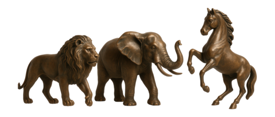 Bronze animal figurines with antique finishes for an elegant display in a home library.