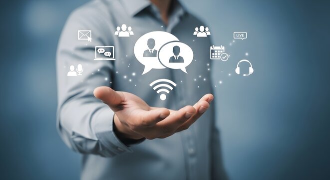 Hand presenting communication icons, showcasing collaboration, connection, and modern digital networking concepts for business and personal technology