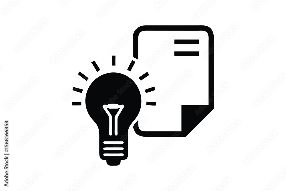 Poster conceptual illustration of a glowing light bulb next to a document or paper representing a new idea 