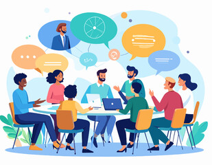 Diverse Team Discussing Business Strategy at Round Table in Modern Office with Blue and Yellow Accents, Laptop and Speech Bubble