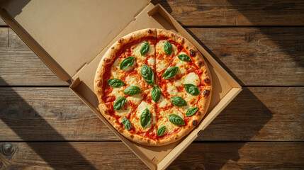 Appetizing Margherita pizza with fresh basil and melted cheese, presented open in cardboard delivery box on rustic wooden table, ready to be enjoyed