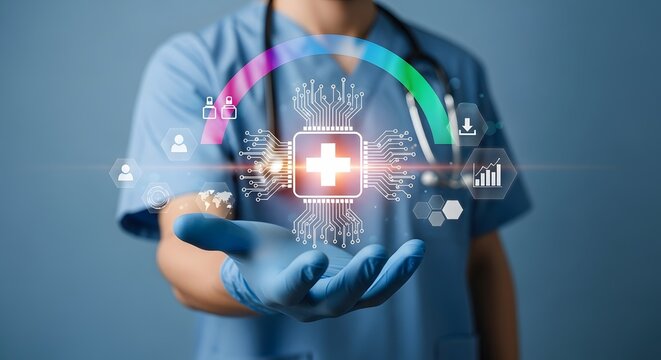 Medical professional presents innovative healthcare technology with digital health solutions and medical data analytics, showcasing future medicine.