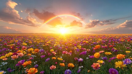 Fototapeta premium A vibrant field of colorful flowers at sunrise.