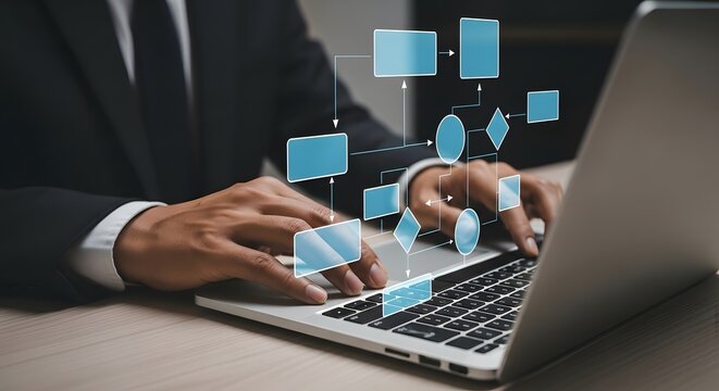 Businessman working on laptop illustrating business process flow for organizational efficiency, strategy and planning, and project management