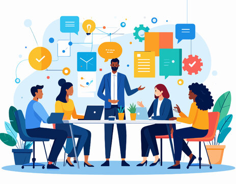 Diverse Team in Animated Meeting Illustration with Business Presentation and Bright Colors in a Modern Office Setting