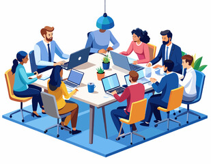 Diverse Team Meeting Around Conference Table with Laptops in Brightly Lit Room Isometric View of Office Collaboration and Corporate Strategy Session