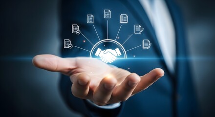 Businessman offering partnership with handshake icons and document checklist in his hand, symbolizing contract management and legal agreements.