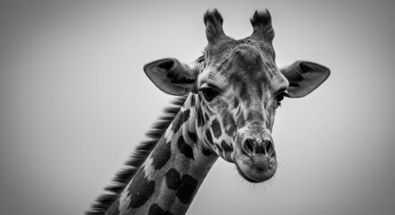 Obraz premium Close-up grayscale portrait of a giraffe's head and neck