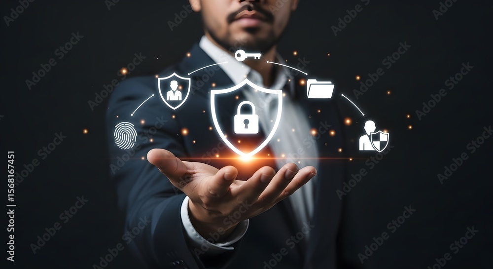 Aufkleber secure data is on display, as a businessman presents digital protection with modern security and pri