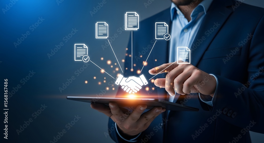 Aufkleber digital documents and handshake icons symbolizing business agreements and successful contract manage