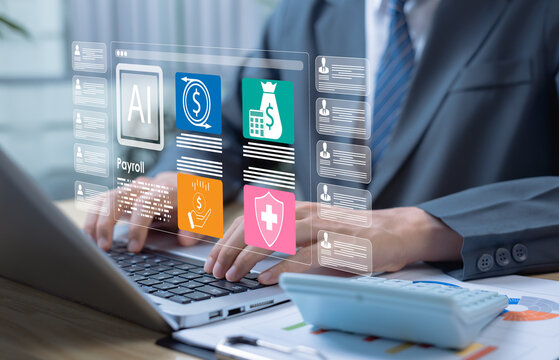 Businessman using AI and digital tools for salary management, payroll automation, financial analysis, accounting, and employee data management through online systems.