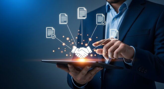 Digital documents and handshake icons symbolizing business agreements and successful contract management through technology and online transactions.