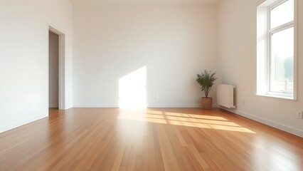Fototapeta premium Minimalist mid-century modern living space with wooden floors and soft natural light from a window.