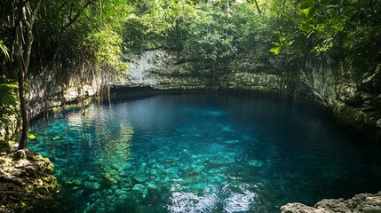 Fototapeta premium Serene turquoise cenote surrounded by lush greenery and vibrant nature.