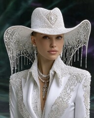 elegant white lace cowboy hat western formal fashion glamour fringe crystal embellished luxury costume