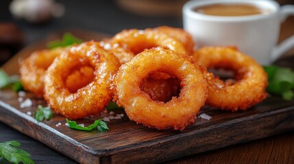 Crispy Golden Onion Rings Served on a Wooden Plate with Dipping Sauce and Fresh Green Garnish in a Cozy Setting