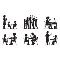 Fototapeta premium Silhouettes depict people in education, work, and social interactions against a white background.